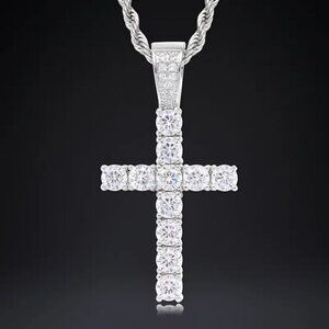Mens 2ct Diamond 14K White Gold Cross Necklace 20" 24" Rope Chain Silver Jewelry